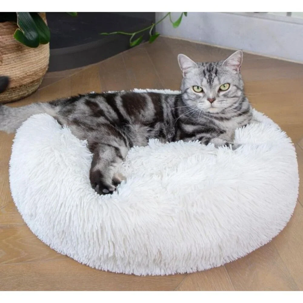 Calming Donut Cat Bed 24-Inch Faux Fur Plush Anti-Slip Waterproof White